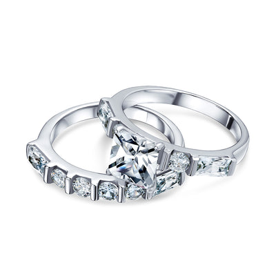 2CT Princess Cut CZ Wedding Ring Set with Baguette Side Stones Sterling Silver