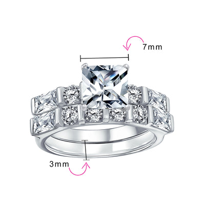 2CT Princess Cut CZ Wedding Ring Set with Baguette Side Stones Sterling Silver
