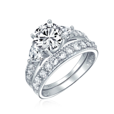 3CT Round Solitaire Heart Shape CZ Wedding Ring Set Pave Band Sterling Silver