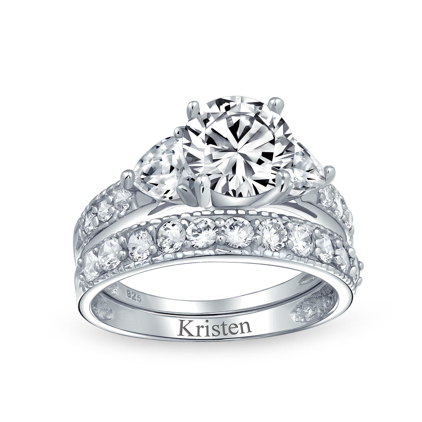 3CT Round Solitaire Heart Shape CZ Wedding Ring Set Pave Band Sterling Silver