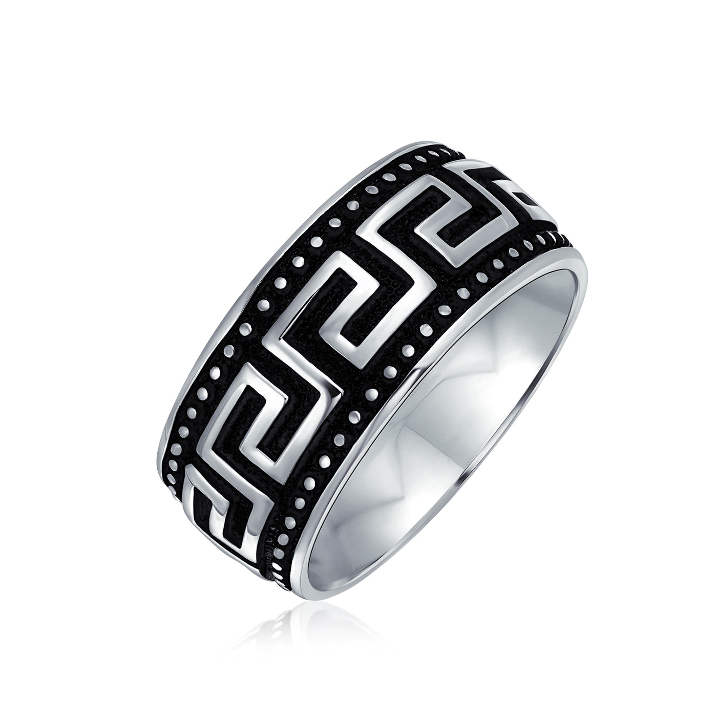 Men’s Two-Tone Textured Greek Key Wedding Band Ring Sterling Silver 9MM