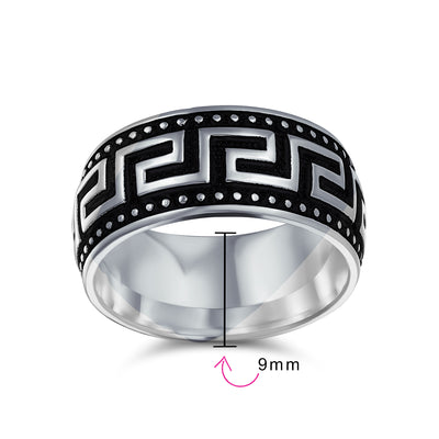Men’s Two-Tone Textured Greek Key Wedding Band Ring Sterling Silver 9MM