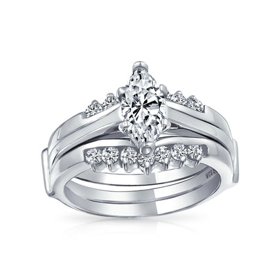 2.5CT Marquise Solitaire CZ Wedding Ring Set with Band Guard Enhancer Silver