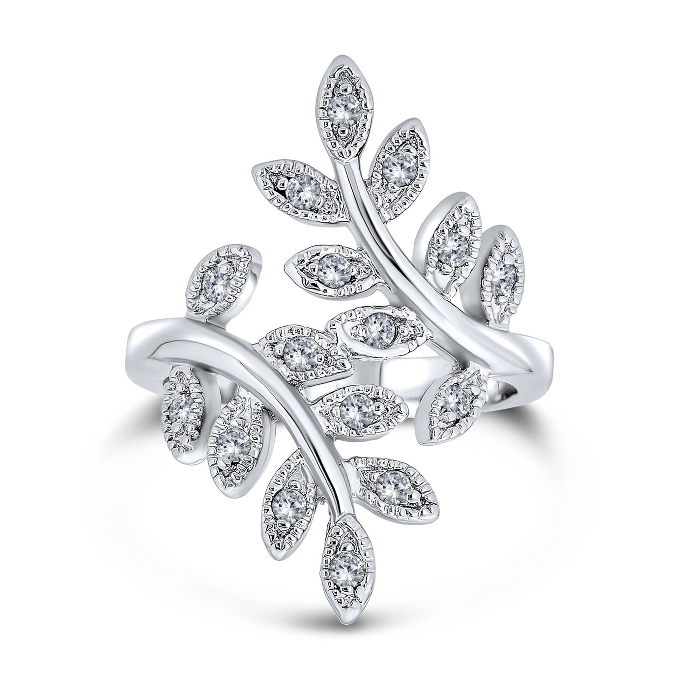 Nature Ivy Vine Leaf Ring For Women Pave CZ Bypass Silver Plated Brass