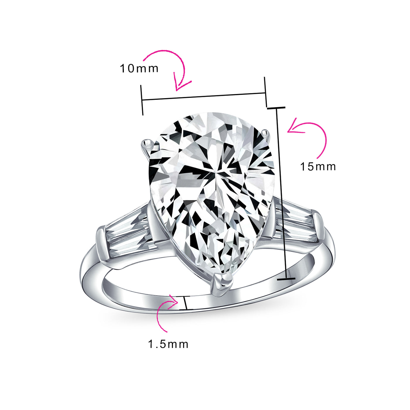 7CT CZ Pear Shape Solitaire Engagement Ring Side Stones