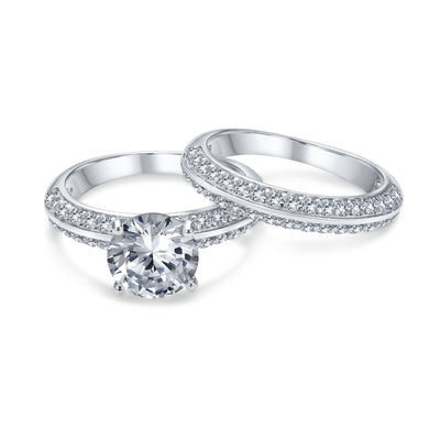 Traditional 3CT CZ Round Solitaire Pave Eternity Band Ring Set Sterling Silver