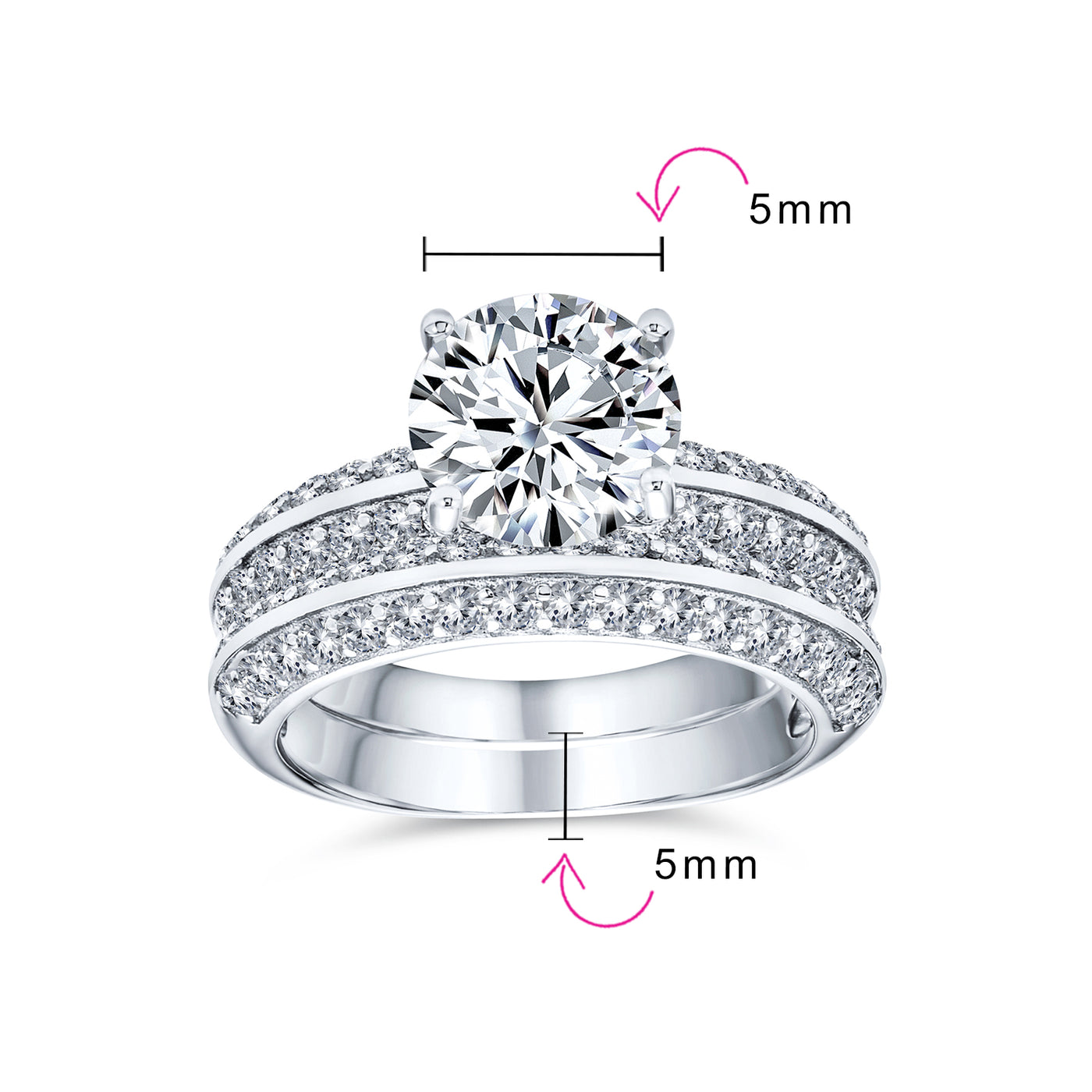 Traditional 3CT CZ Round Solitaire Pave Eternity Band Ring Set Sterling Silver