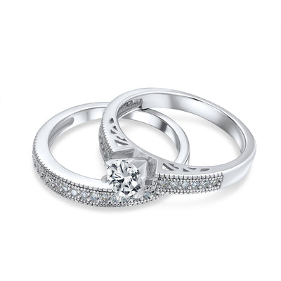 Vintage Style Cocktail Statement Ring: 1.5CT Round Solitaire CZ Pave Band Set