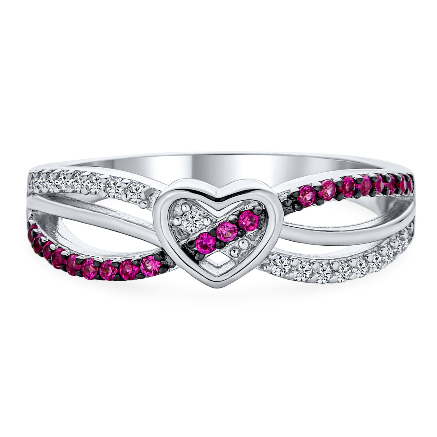 Romantic CZ Accent Cocktail Statement Ring Pink Heart and Sterling Silver Bands