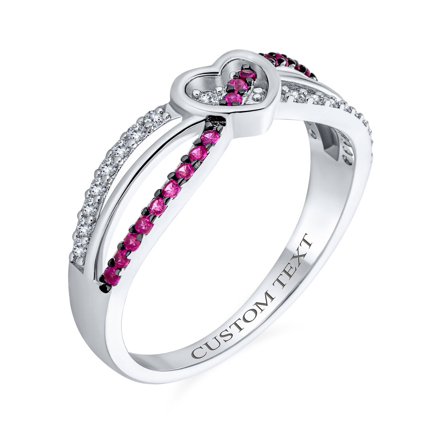 Romantic CZ Accent Cocktail Statement Ring Pink Heart and Sterling Silver Bands