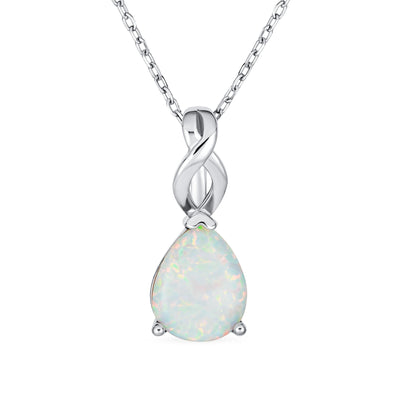 Solitaire Teardrop Created Opal Pendant Necklace .925Sterling Silver