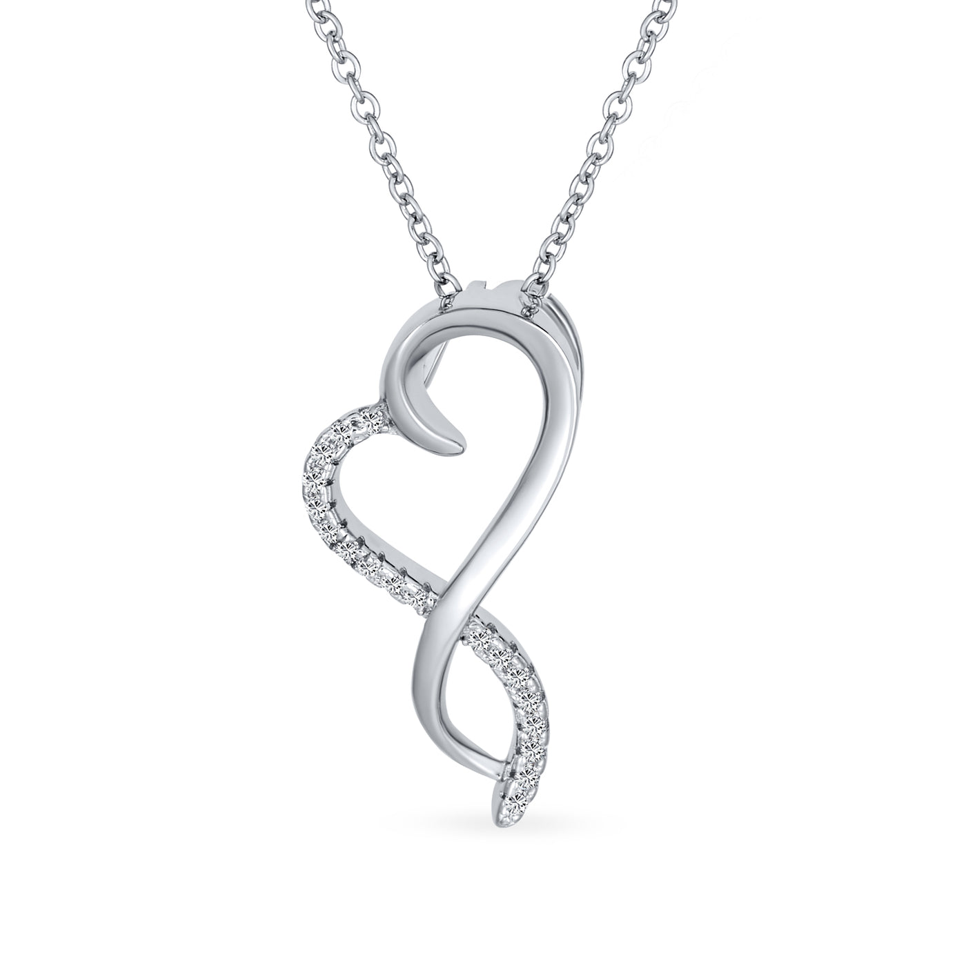 Romantic Twisted Ribbon Heart CZ Infinity Pendant Necklace Sterling Silver