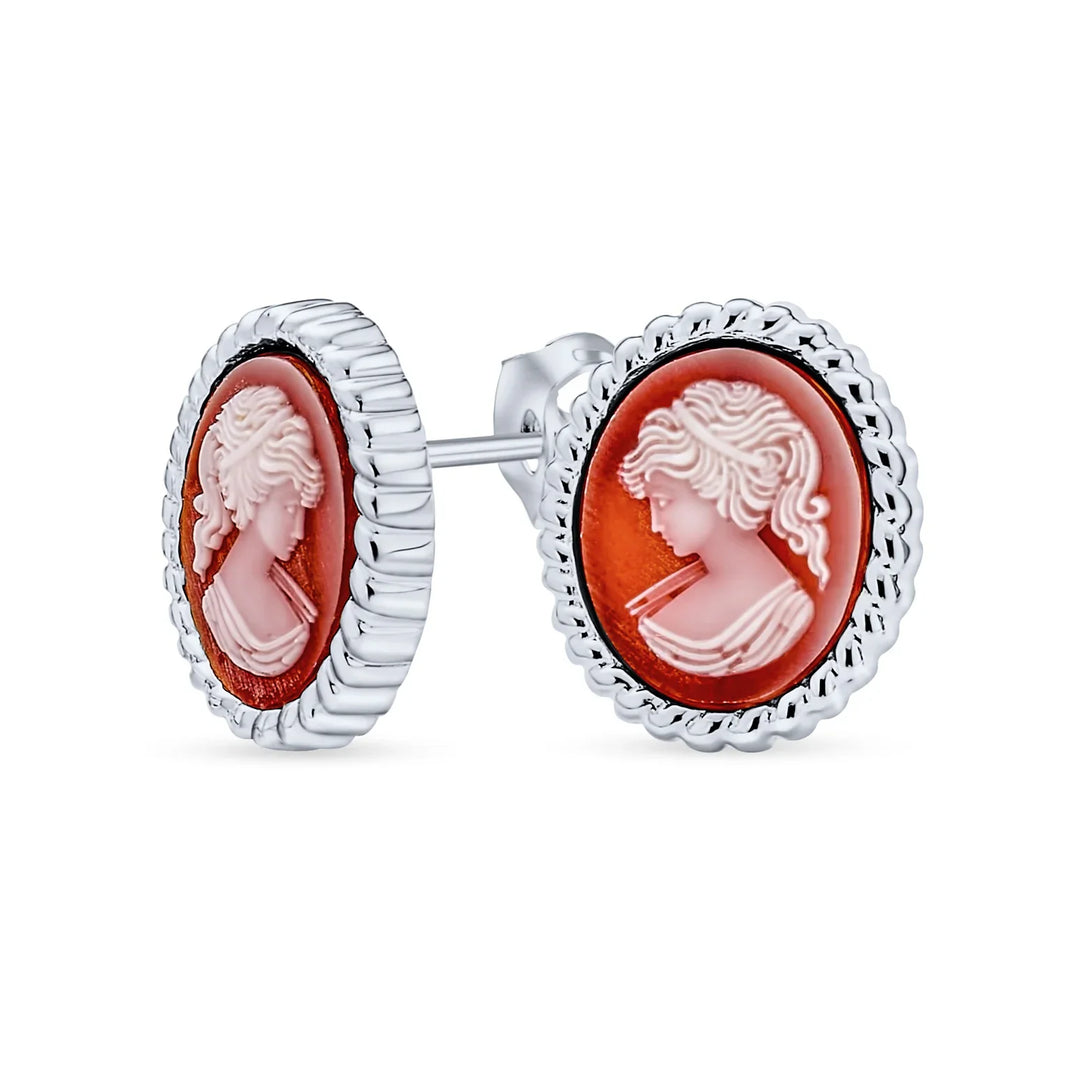 Classic Vintage Terracotta Red White Victorian Lady Cameo Stud
