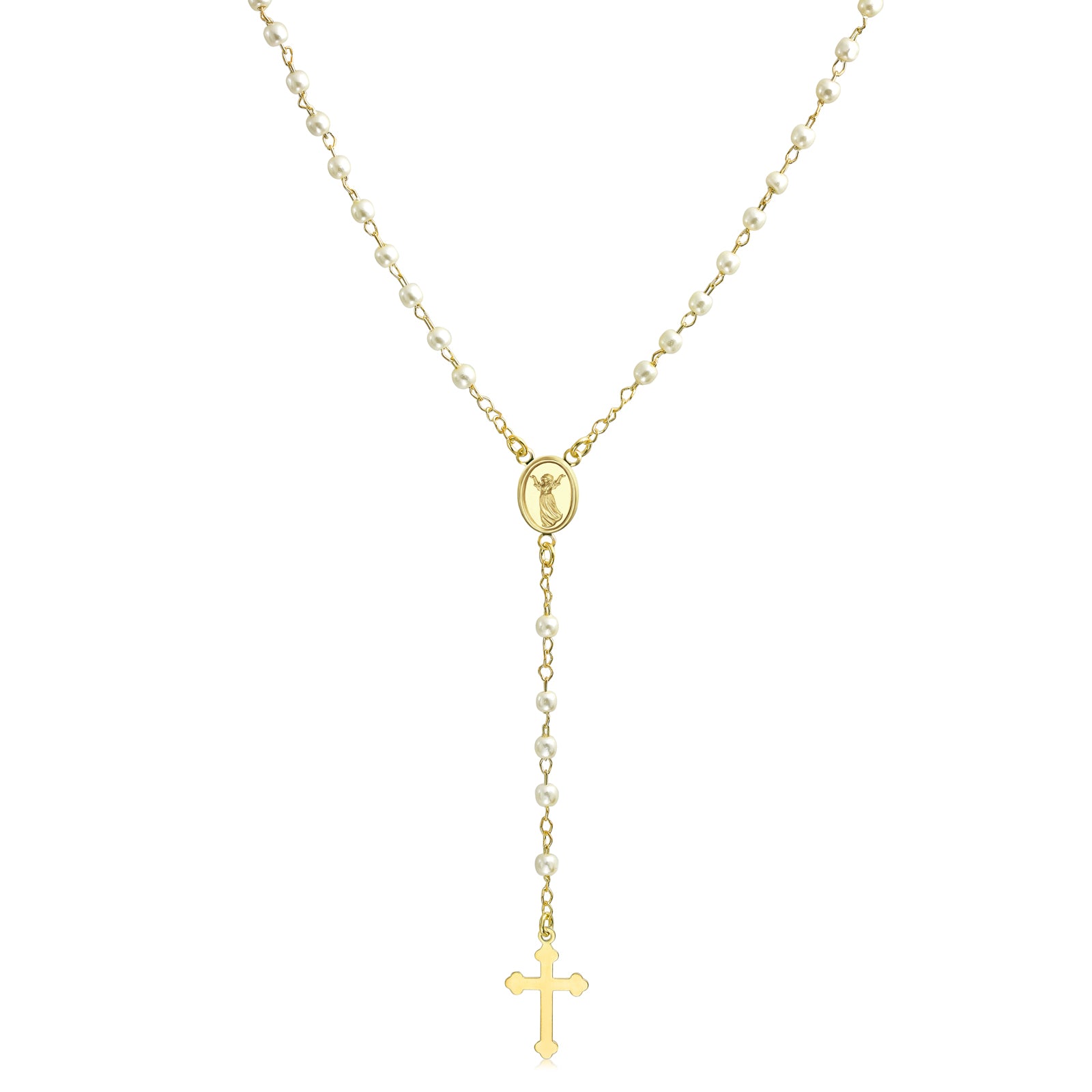Virgin Mary Guardian Angel Imitation Pearl Rosary Bead Necklace Gold P ...