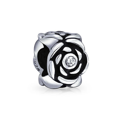 Black Rose Charm Bead with Flower CZ Accent for European Bracelet Sterling Silver