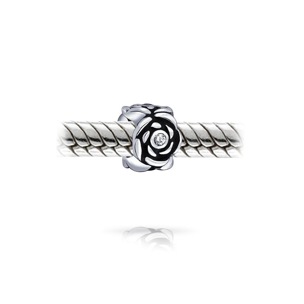 Black Rose Charm Bead with Flower CZ Accent for European Bracelet Sterling Silver