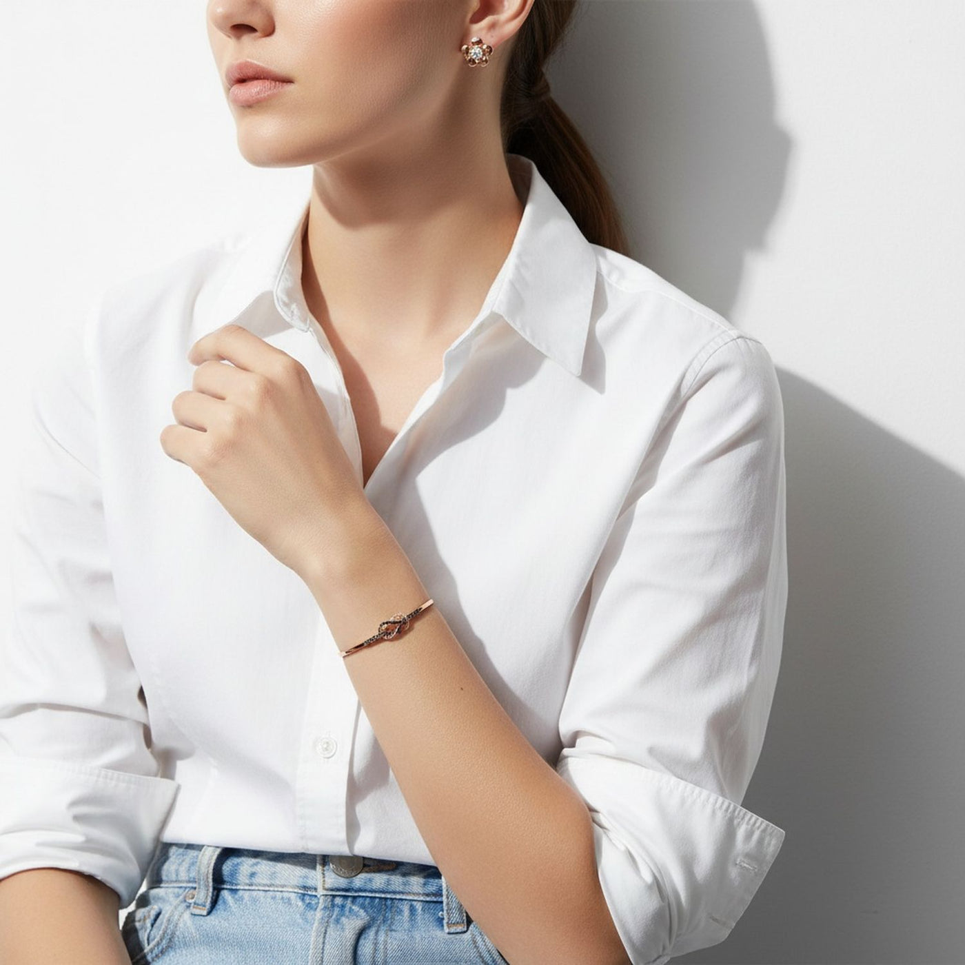 Tri-Tone CZ Infinity Bangle Bracelet & Rose Stud Earrings Set Rose Gold Plated