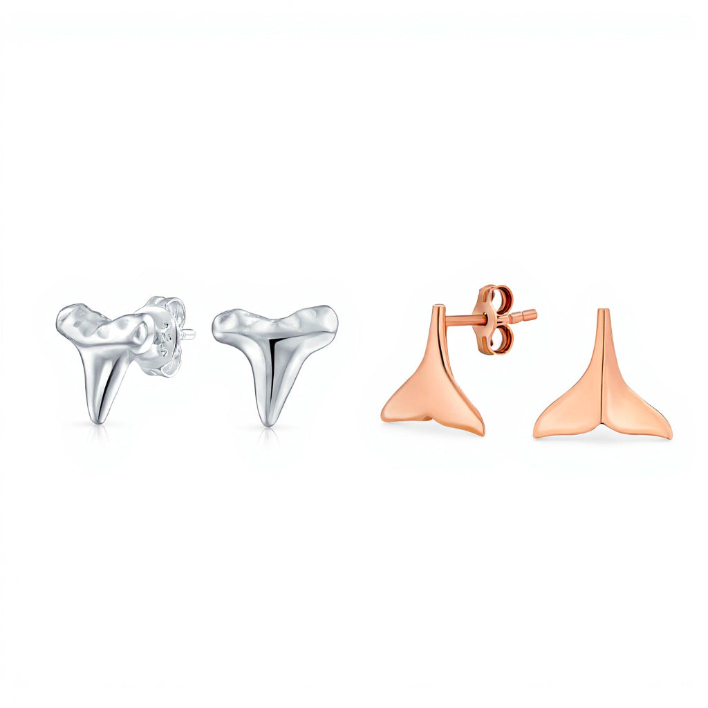 Set of 2 Mermaid Fin & Shark Tooth Stud Earrings Rose Gold Sterling Silver