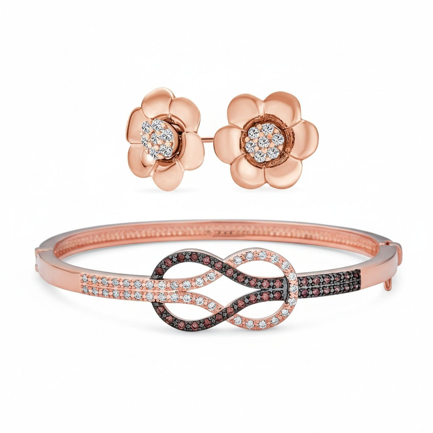 Tri-Tone CZ Infinity Bangle Bracelet & Rose Stud Earrings Set Rose Gold Plated