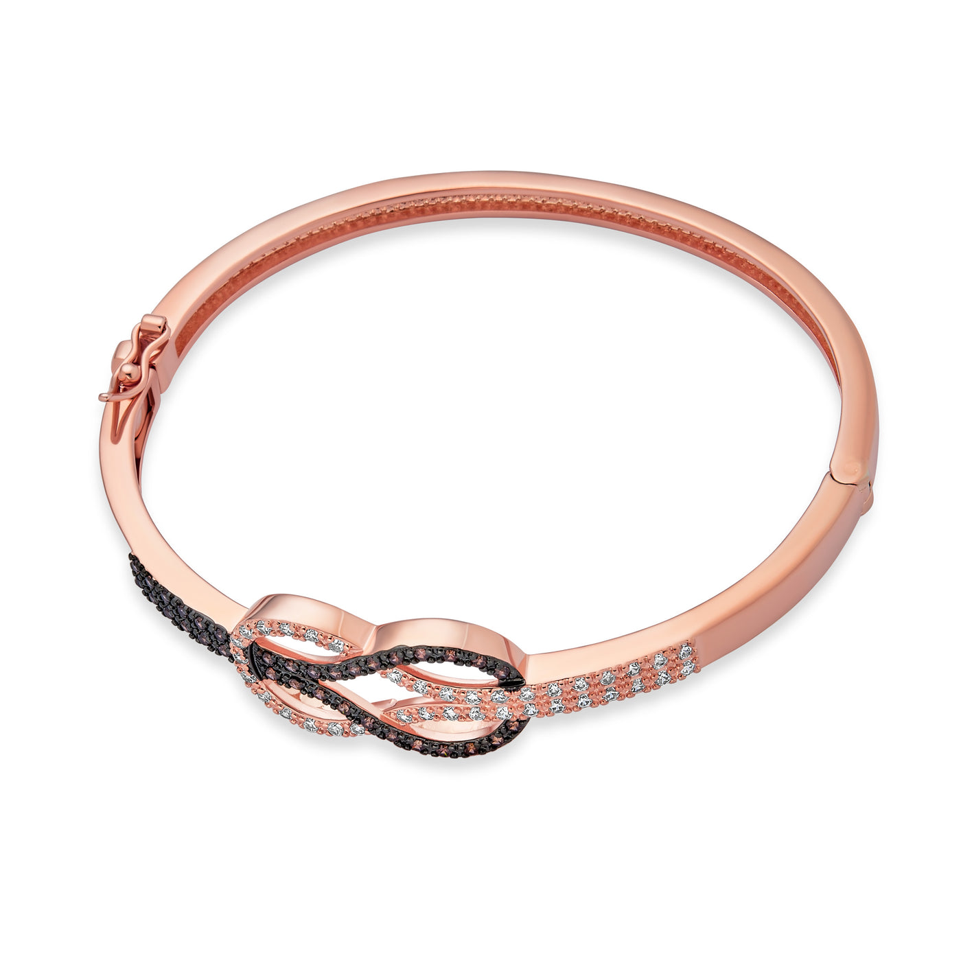 Tri-Tone CZ Infinity Bangle Bracelet & Rose Stud Earrings Set Rose Gold Plated