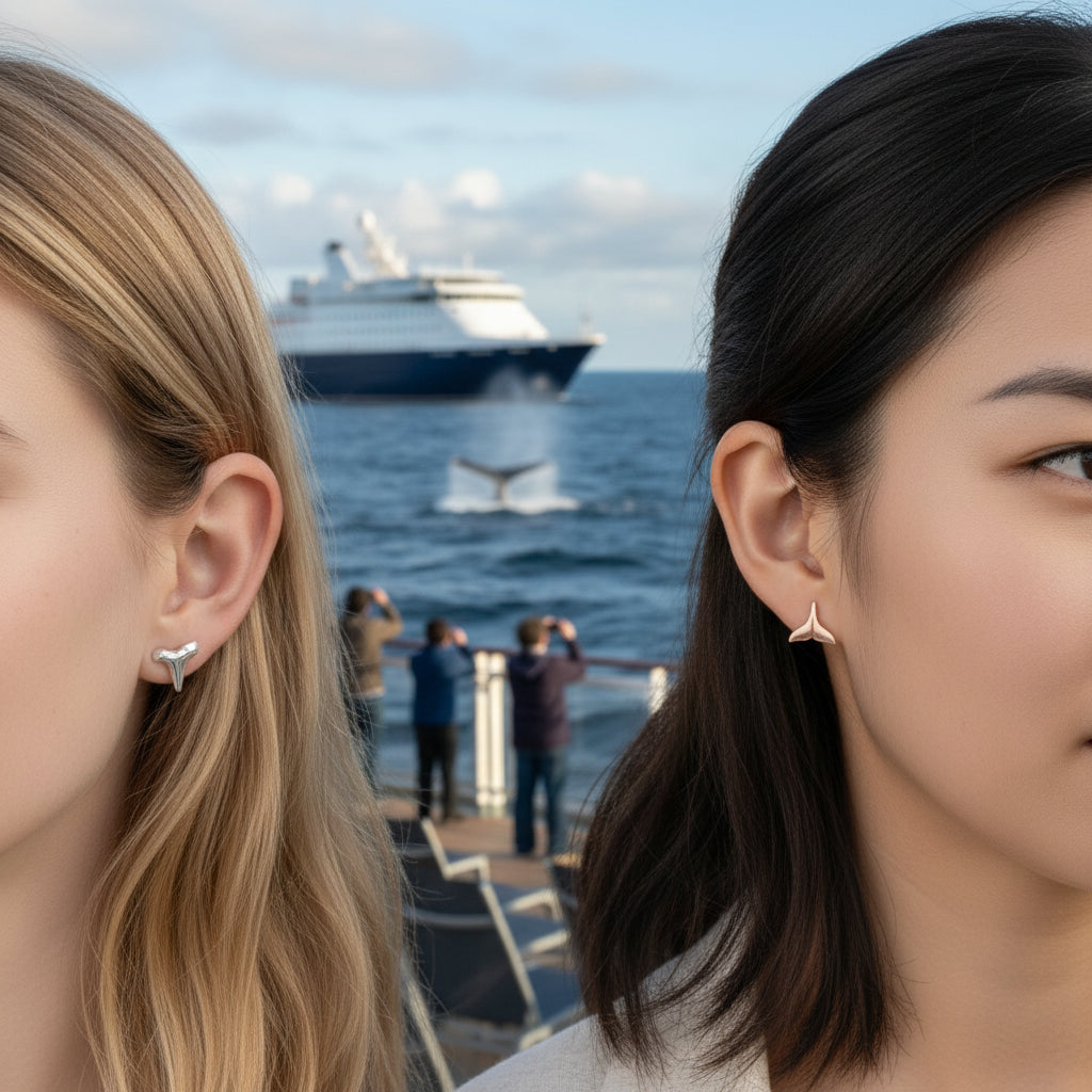 Set of 2 Mermaid Fin & Shark Tooth Stud Earrings Rose Gold Sterling Silver