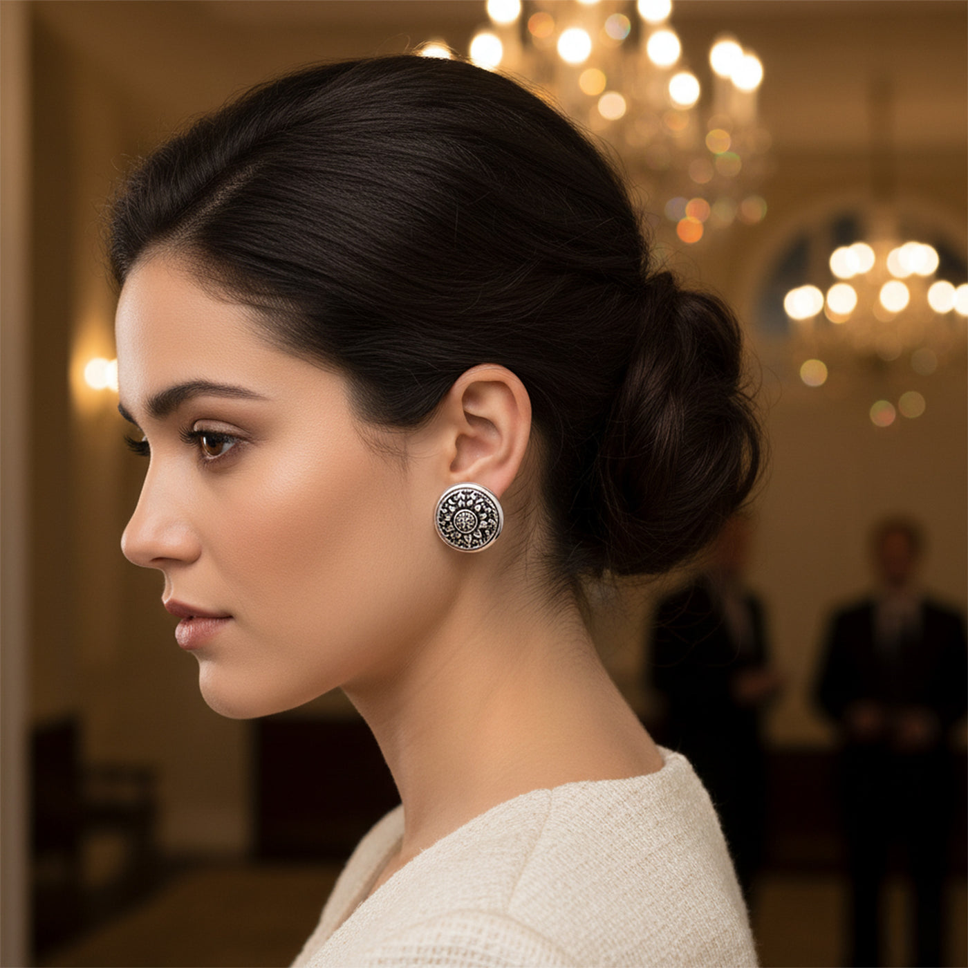 Bali Sunflower Medallion Clip-On Earrings Oxidized Silver