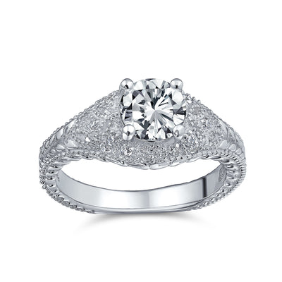 Vintage Art Deco 3CT Round Solitaire CZ Engagement Ring & Wedding Set Silver