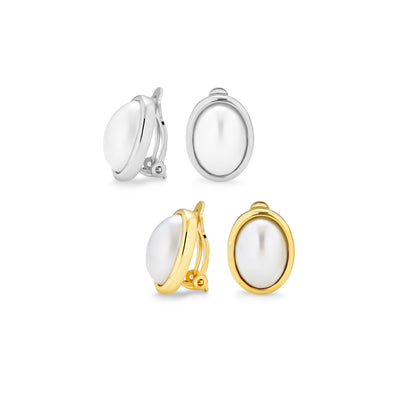 Set of 2 Simple White Pearl Cabochon Oval Clip-On Earrings Silver Gold Plated - Bling Jewelry