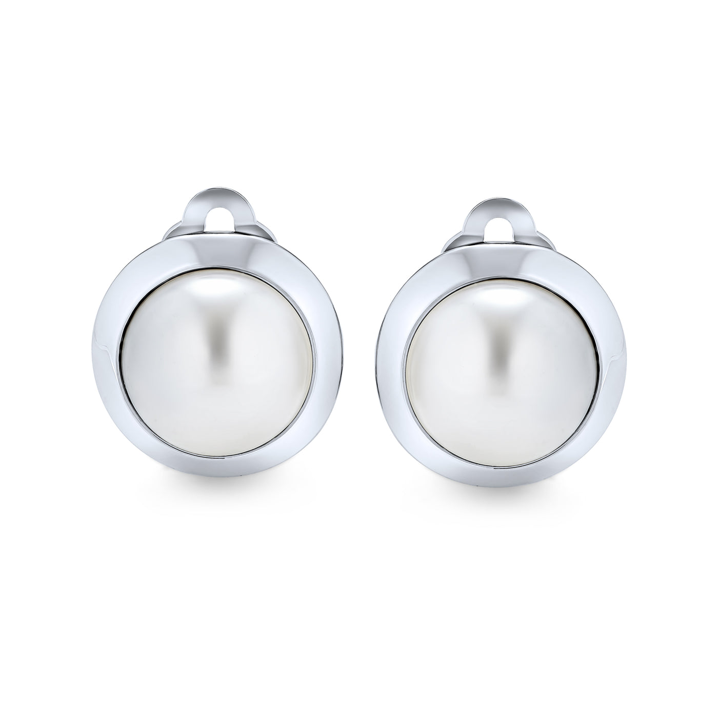Simple Button Round Dome Bezel White Imitation Pearl Clip On Earrings