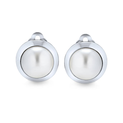 Simple Button Round Dome Bezel White Imitation Pearl Clip On Earrings