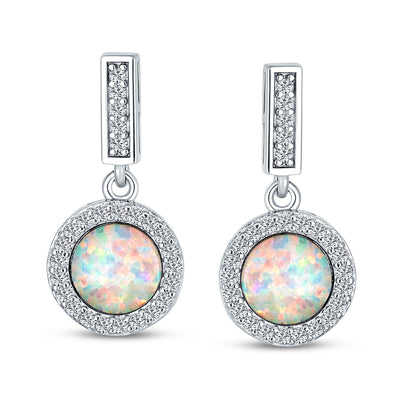 White Created Opal Halo Pave CZ Round Drop Earrings Sterling Silver