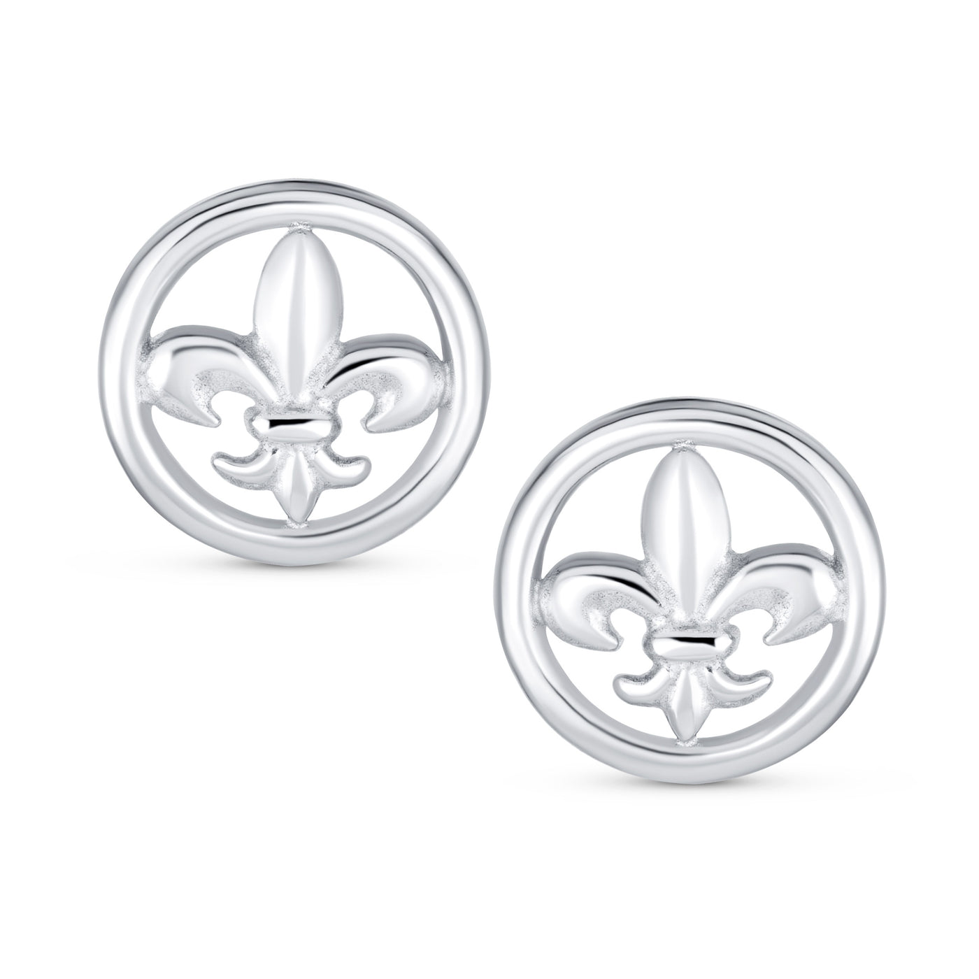 Round Disc Open Fleur De Lis Stud Earrings Shiny .925 Sterling Silver