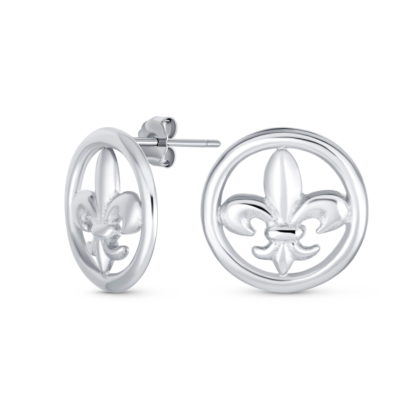 Round Disc Open Fleur De Lis Stud Earrings Shiny .925 Sterling Silver