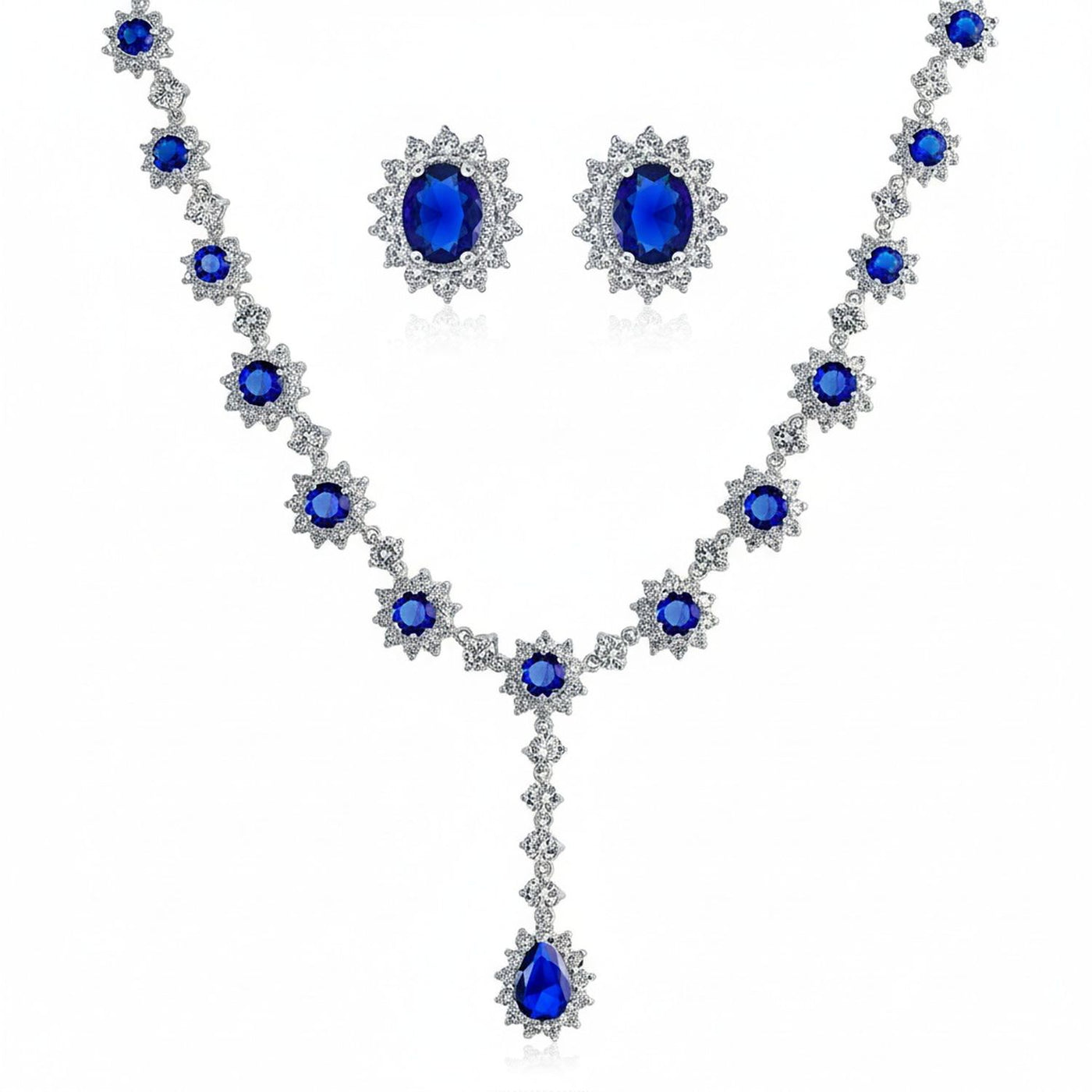 Estate Style Royal Blue Oval Crown CZ Bridal Necklace & Stud Earrings Set