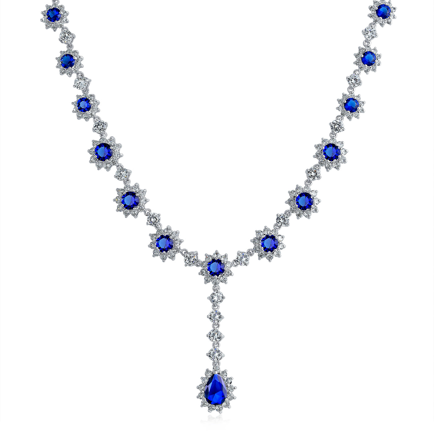 Estate Style Royal Blue Oval Crown CZ Bridal Necklace & Stud Earrings Set