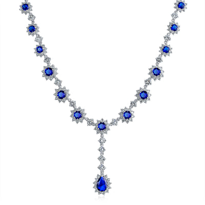 Estate Style Royal Blue Oval Crown CZ Bridal Necklace & Stud Earrings Set