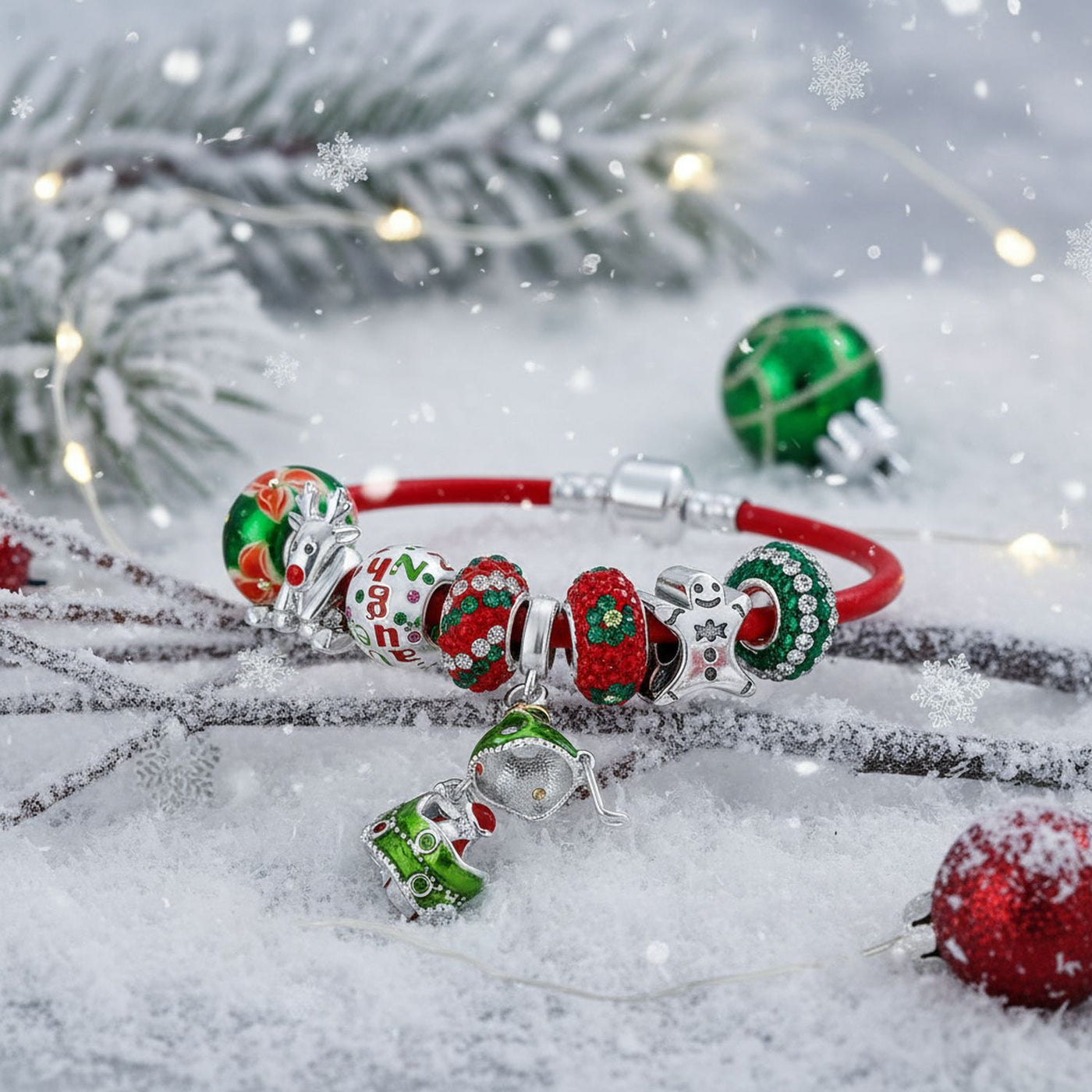 Secret SANTA Charm Bracelet with Locket Bead & Holiday Reindeer Gingerbread Man