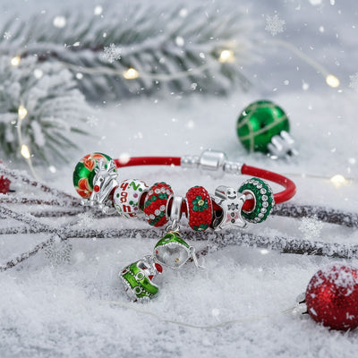 Secret SANTA Charm Bracelet with Locket Bead & Holiday Reindeer Gingerbread Man