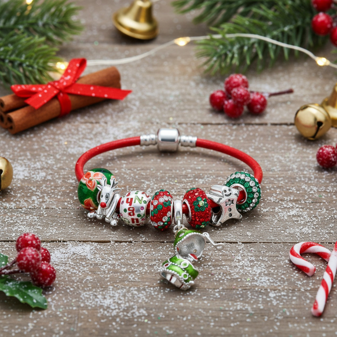 Secret SANTA Charm Bracelet with Locket Bead & Holiday Reindeer Gingerbread Man