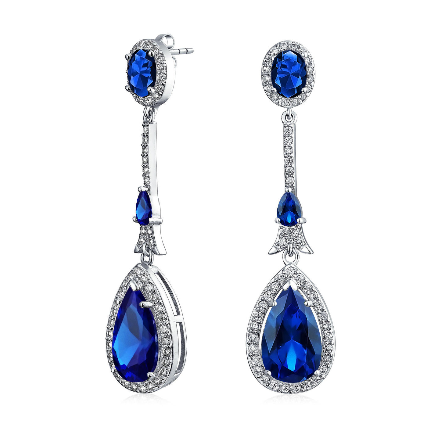 Set of 2 Art Deco Blue & Green CZ Teardrop Gemstone Dangle Chandelier Earrings