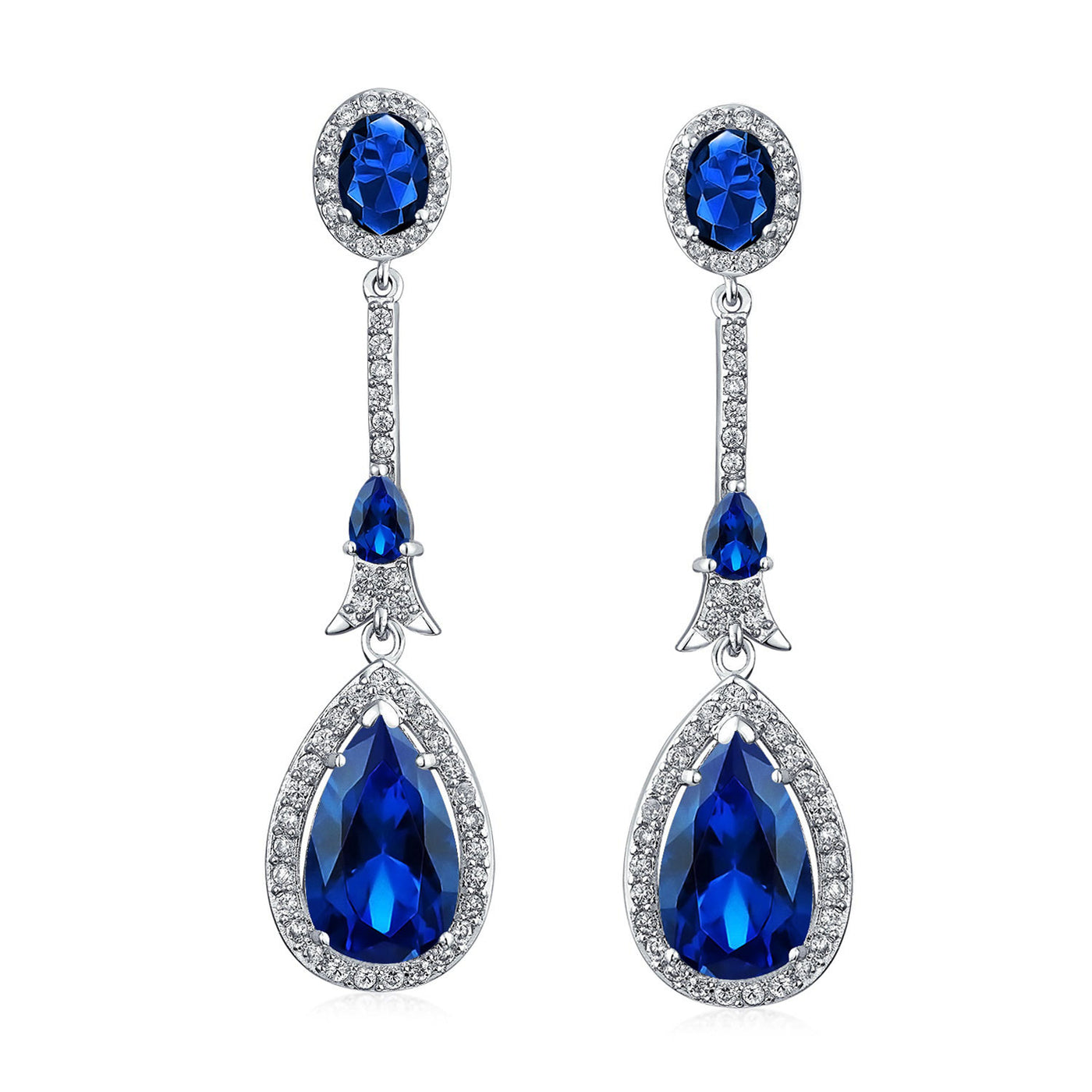 Set of 2 Art Deco Blue & Green CZ Teardrop Gemstone Dangle Chandelier Earrings
