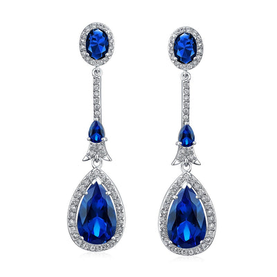 Set of 2 Art Deco Blue & Green CZ Teardrop Gemstone Dangle Chandelier Earrings