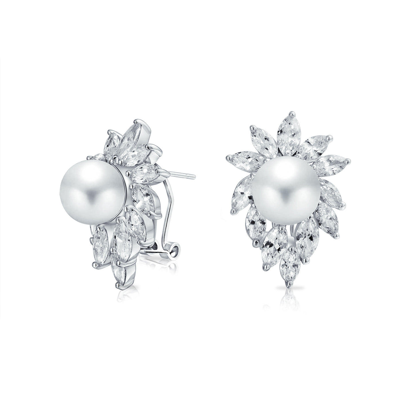 Classic Bridal Leaf CZ White Imitation Pearl Stud Earrings Omega Back