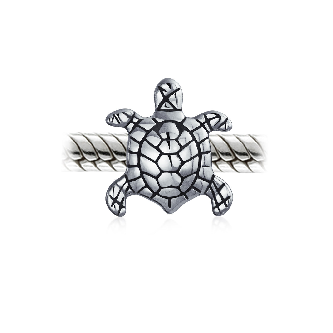 Set of 2 Oval Round Nautical Sea Turtle Charm Bead in Oxidized Sterling Silver