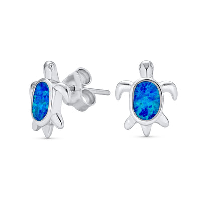 Nautical Blue Opal Sea Turtle Stud Earrings in Sterling Silver, 13MM - Bling Jewelry