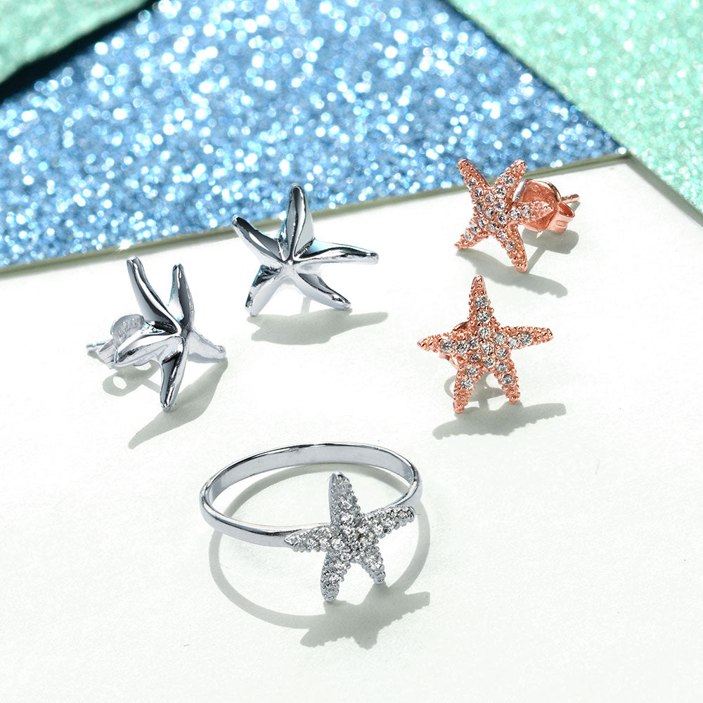 Tiny Pave CZ Nautical Tropical Beach Starfish Ring .925 Sterling Silver