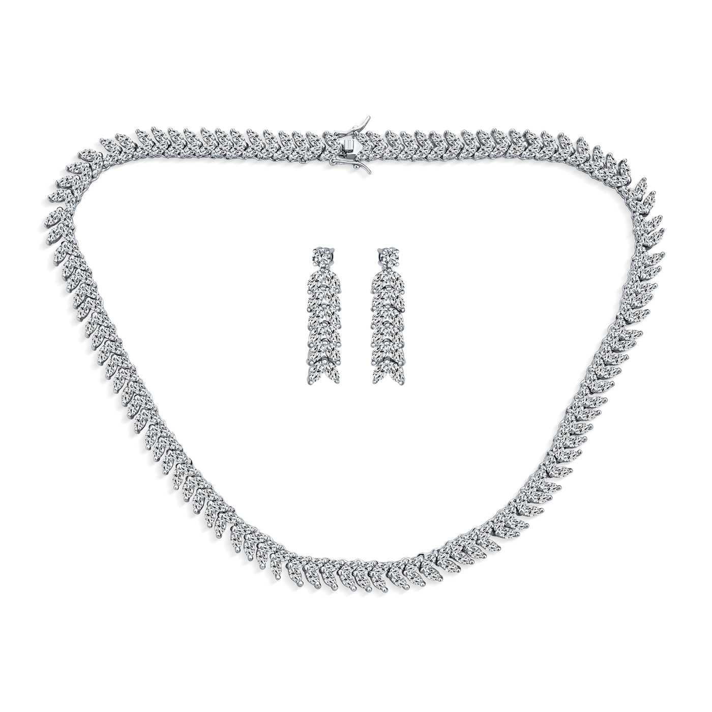Art Deco Marquise CZ Collar Tennis Necklace & Dangle Earrings Set Silver Plated