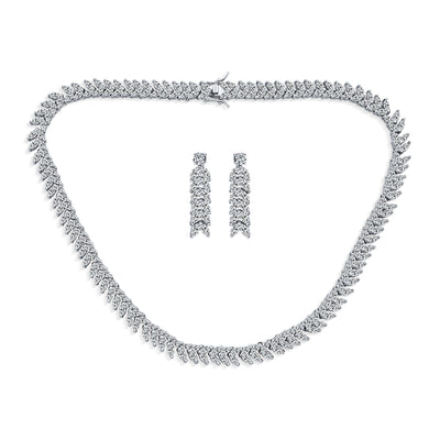 Art Deco Marquise CZ Collar Tennis Necklace & Dangle Earrings Set Silver Plated