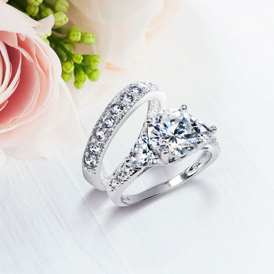 3CT Round Solitaire Heart Shape CZ Wedding Ring Set Pave Band Sterling Silver