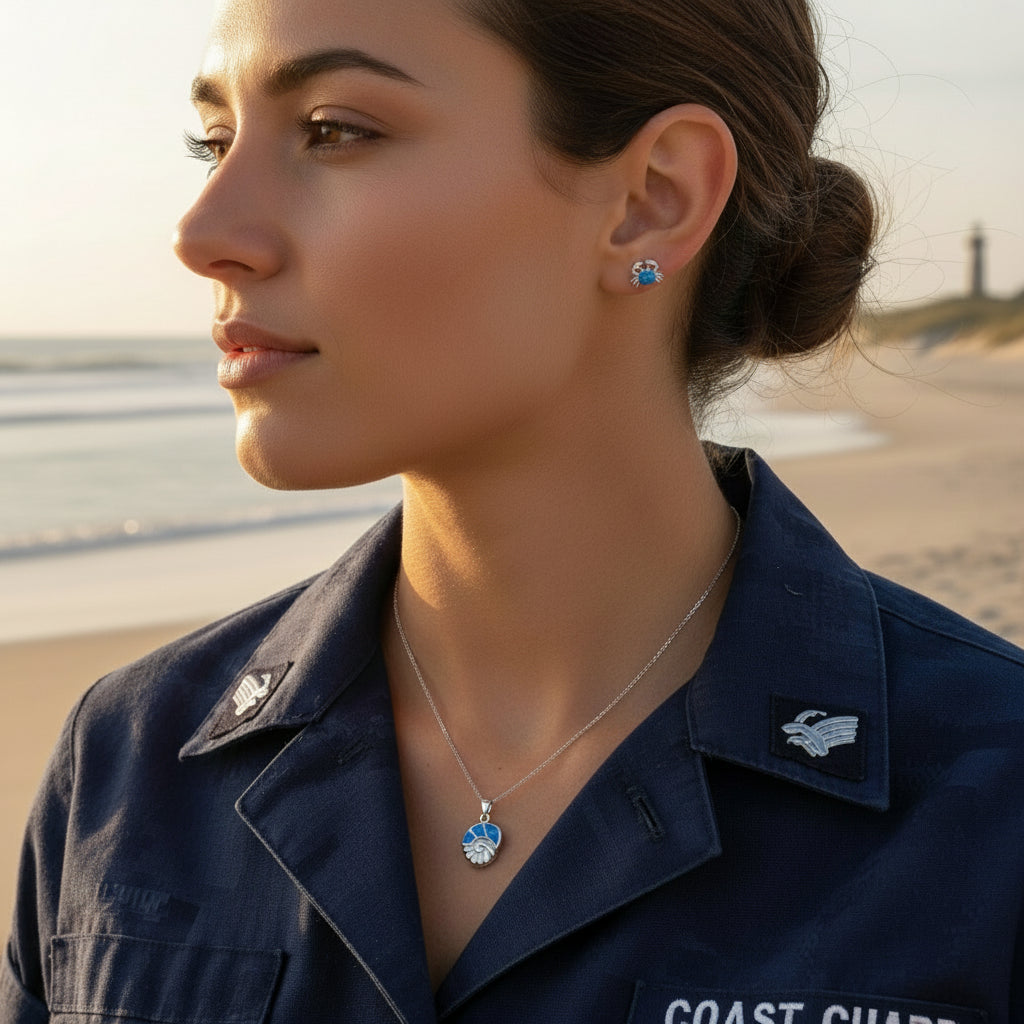 Created Blue Opal Conch Necklace & Crab Stud Earring Jewelry Set Sterling Silver